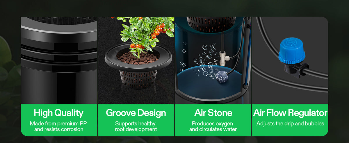 A composite product graphic showing a black drip hydroponic irrigation and plant feeder system with four labeled panels: a close-up of the black cylindrical component, a plant growing in a black pot, a transparent chamber with blue water and air bubbles, and a blue air flow regulator. Green text banners describe features like high quality, groove design, air stone, and air flow regulator.