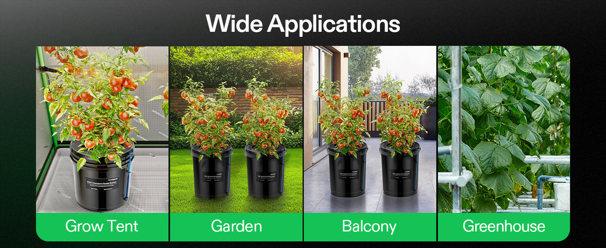 A promotional graphic with the heading 'Wide Applications' showing four panels demonstrating the product in use: a grow tent, a garden, a balcony, and a greenhouse. Each panel shows black grow tents with tomato and leafy plants inside.