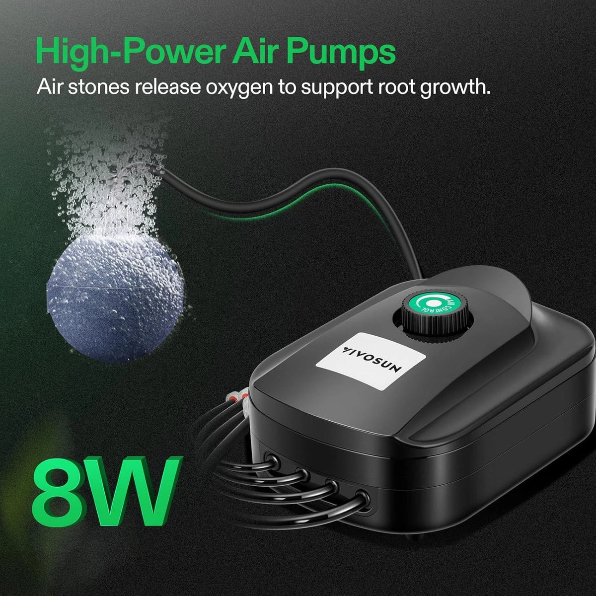 VIVOSUN high-power air pump with text explaining its function on a dark background