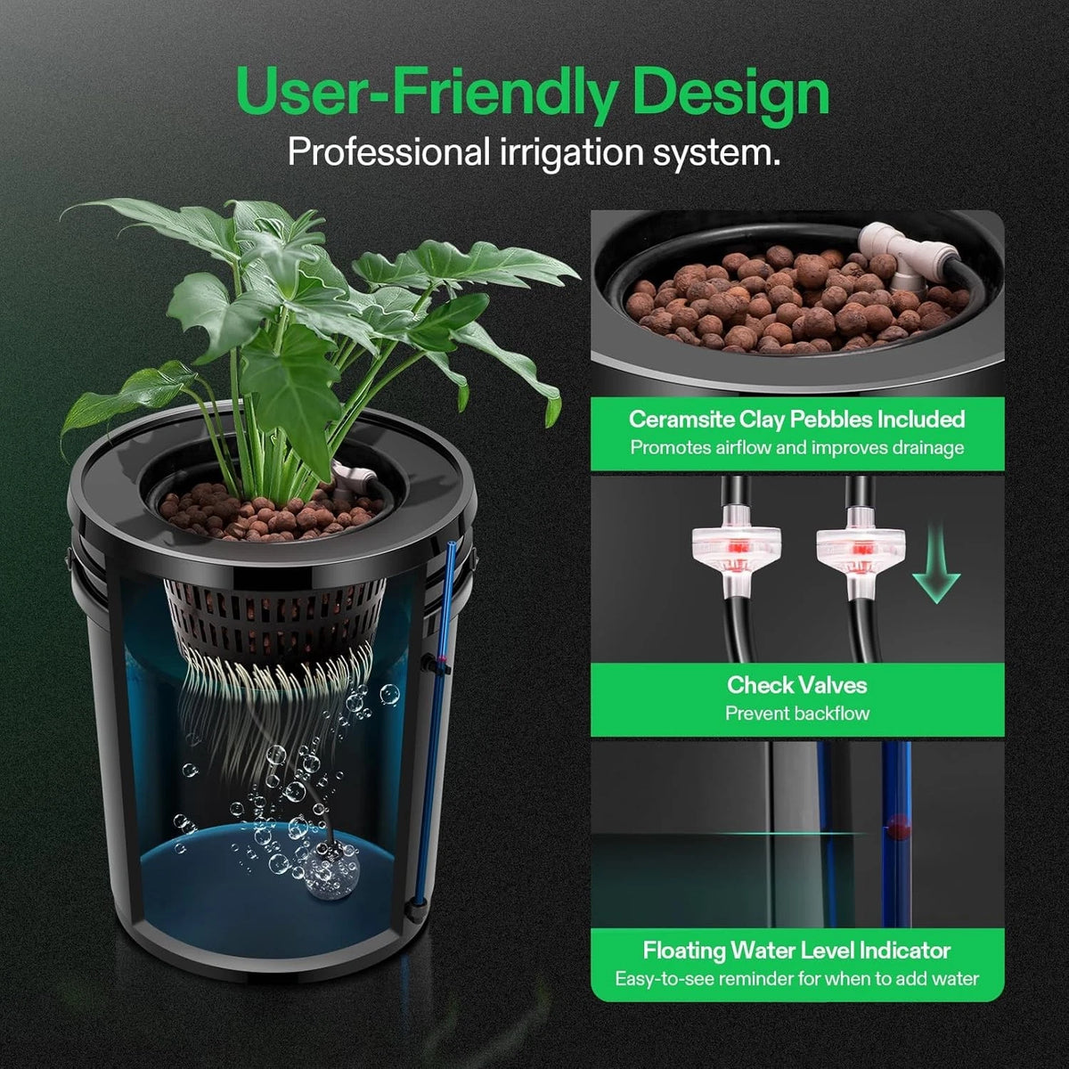 VIVOSUN Professional hydroponic bucket irrigation system with plant, pebbles, and water level indicator on a dark background