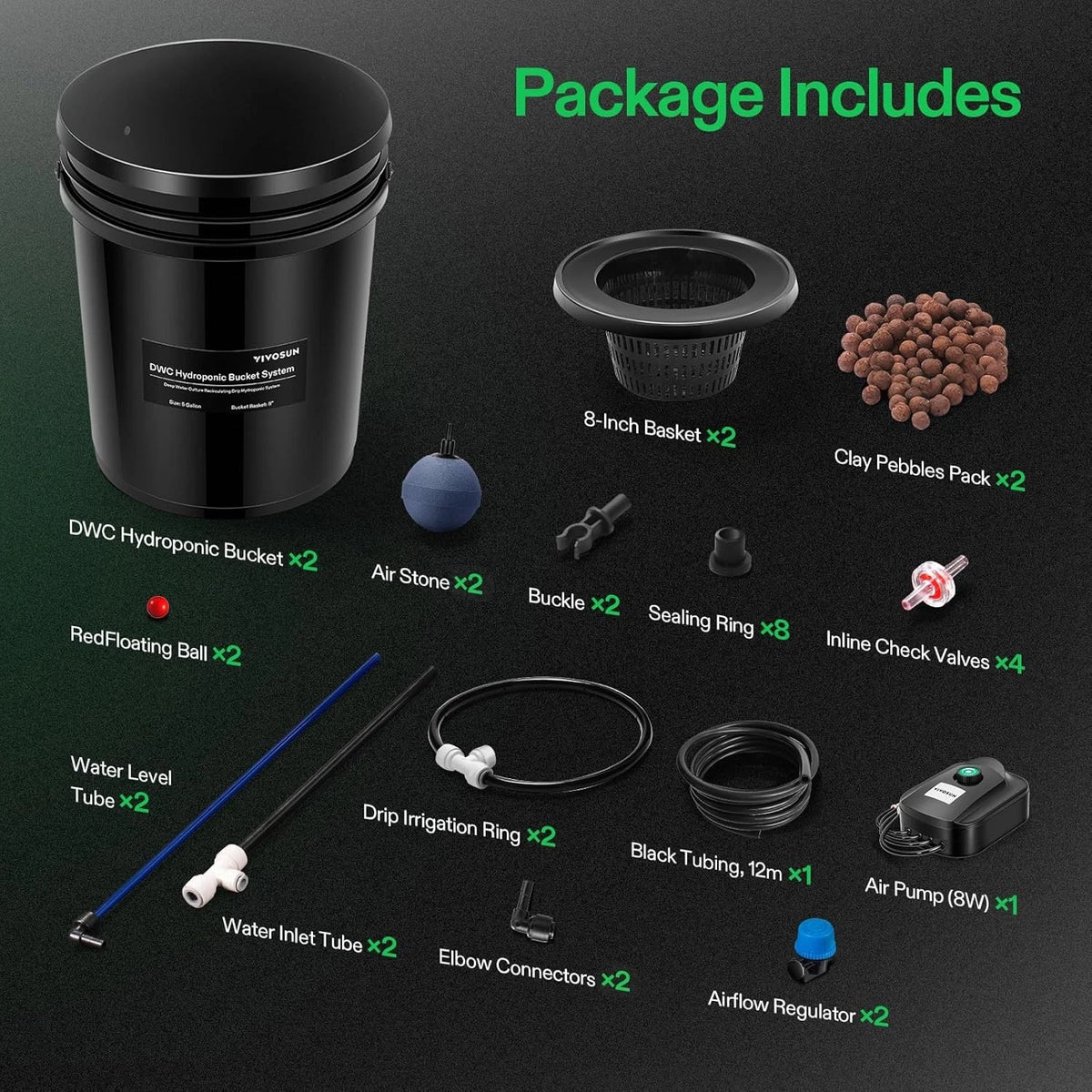 A product package includes layout on a dark background showing a black DWC hydroponic bucket, 8-inch basket, clay pebbles, air stone, buckles, sealing ring, inline check valves, water level tube, drip irrigation ring, elbow connectors, black tubing, air pump, and air flow regulator, with green text labels reading 'Package Includes' and item counts.