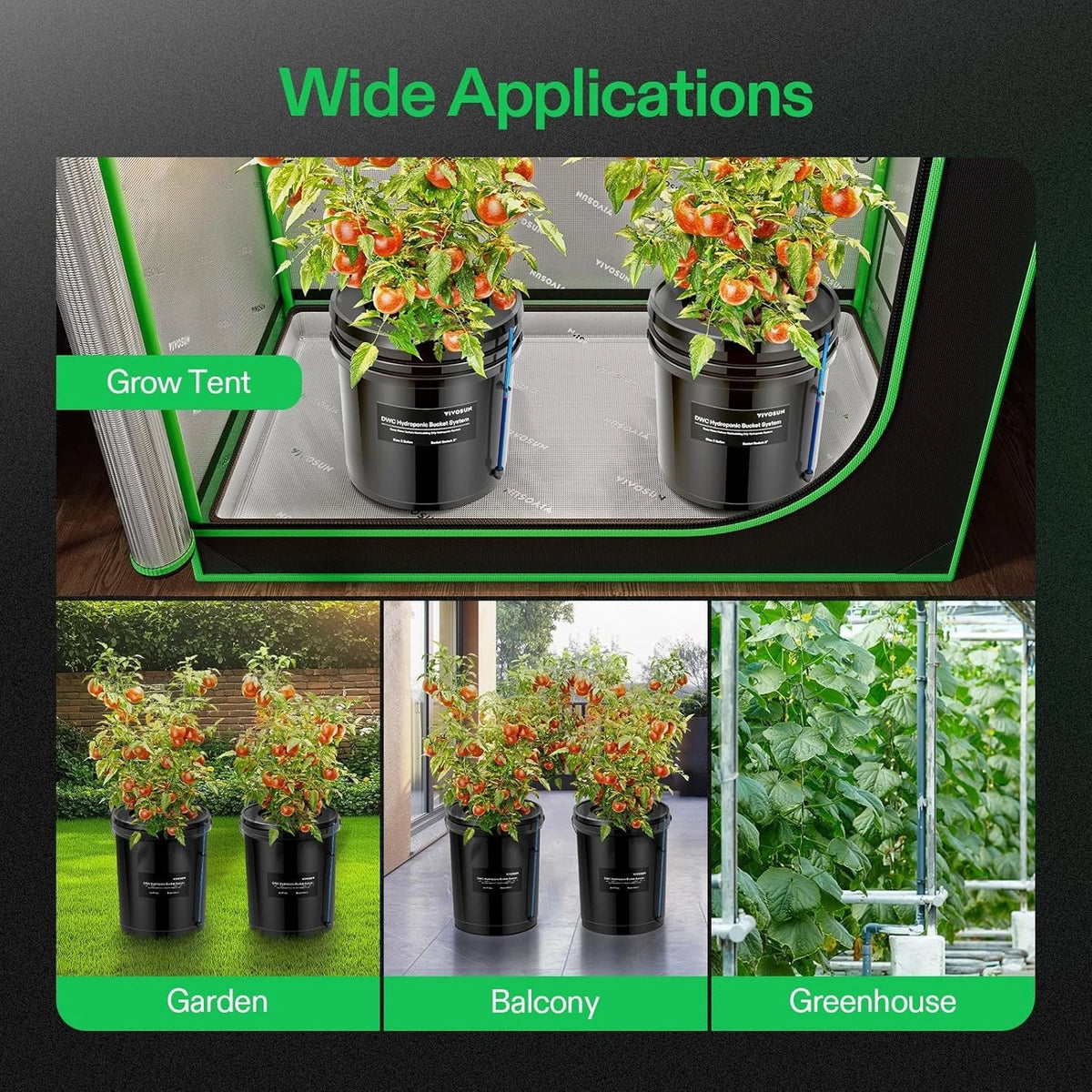 Promotional graphic showing a black grow tent with two potted tomato plants in hydroponic buckets inside, plus three smaller lifestyle panels labeled Garden, Balcony, and Greenhouse. The top text reads 'Wide Applications.