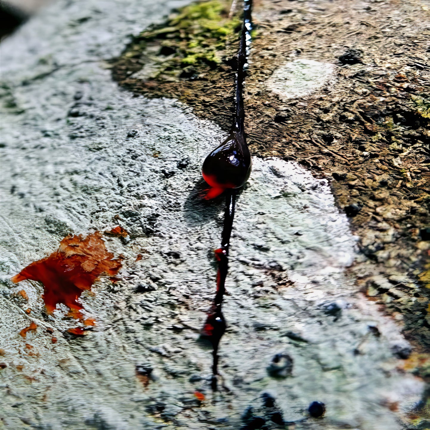 Close-up of a dark blood red colored sap droplet on bark of Dragons blood tree