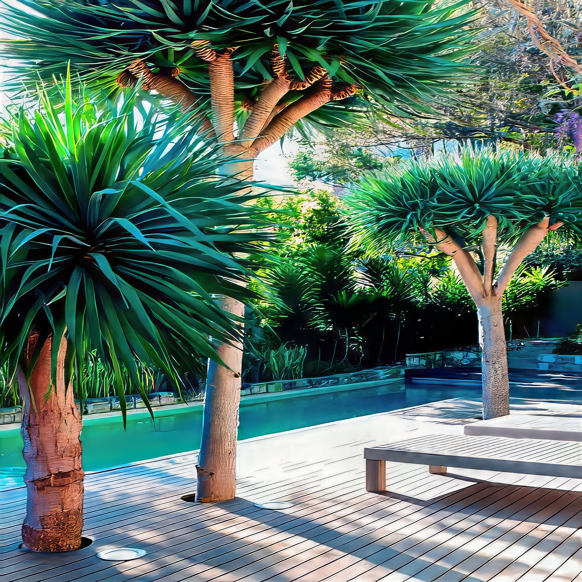 Outdoor pool area with Dragons blood trees and a wooden deck