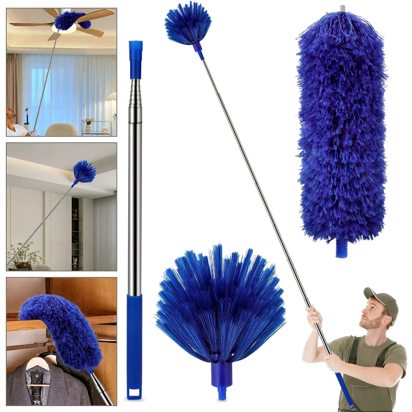 Telescopic microfiber ceiling fan and cobweb duster cleaning fans, corners, and high surfaces
