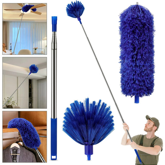 Telescopic microfiber ceiling fan and cobweb duster cleaning fans, corners, and high surfaces