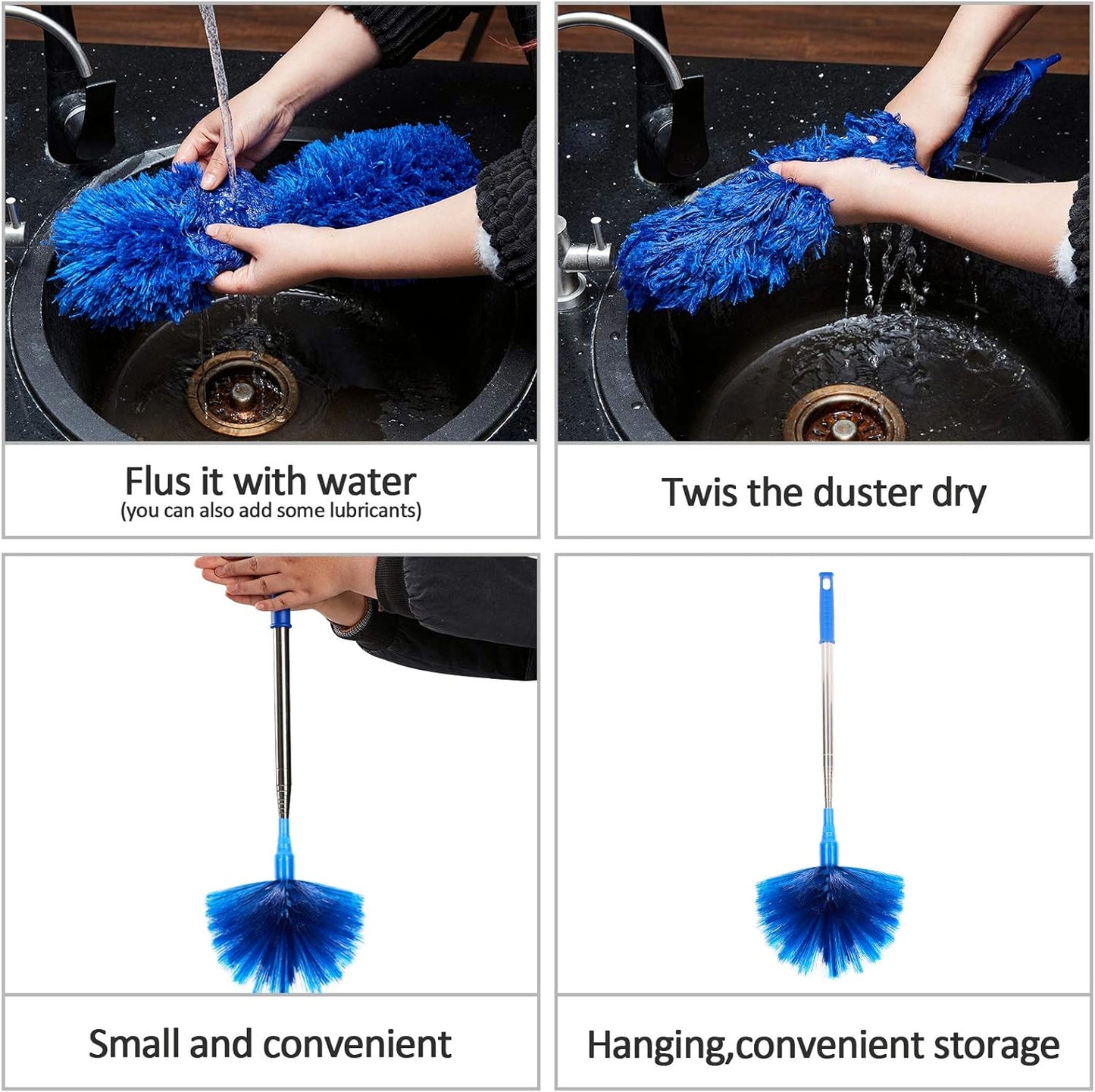 Microfiber cobweb duster easily cleaned with water and collapsible telescopic pole for wall storage