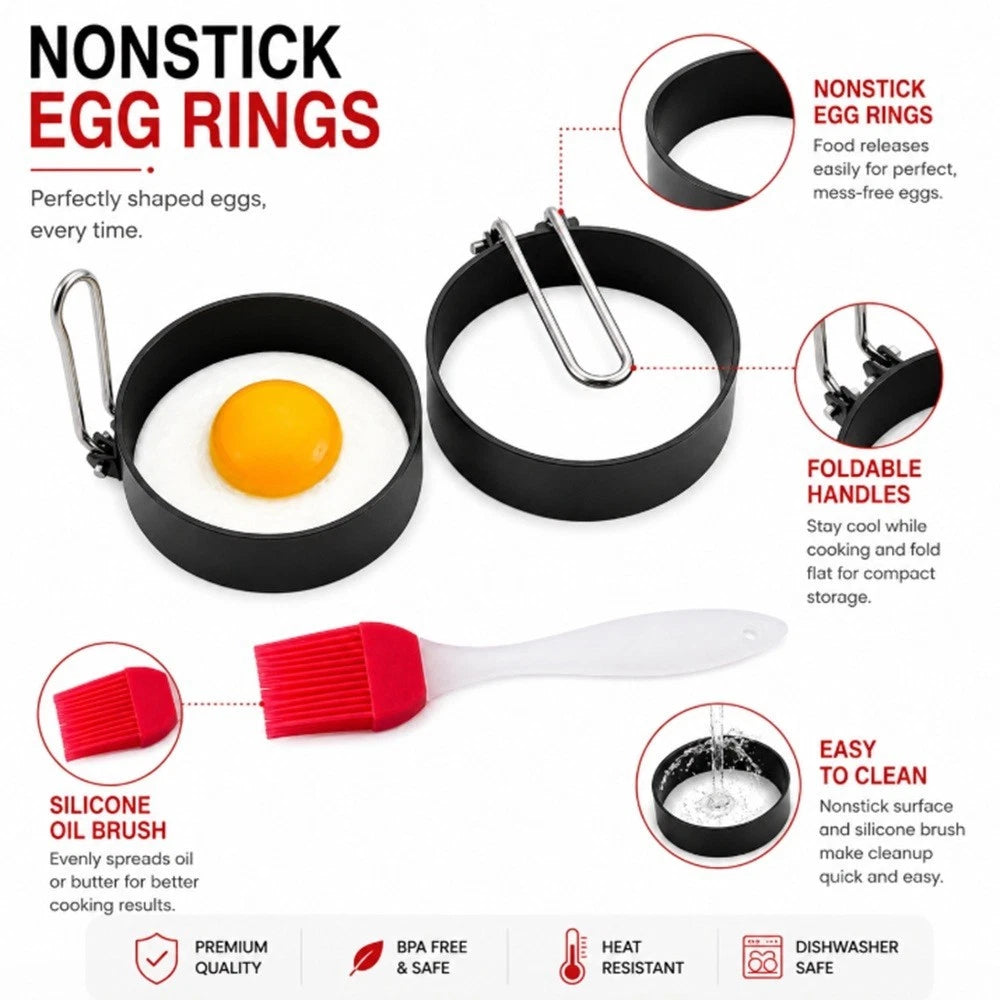 Nonstick egg ring molds with foldable handles, silicone oil brush, and features highlighted on a white background.