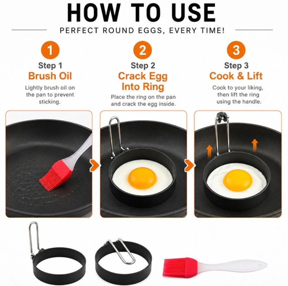 Instructions on how to use a kitchen egg ring mold tool for cooking eggs, including brush oil, crack egg into ring, and cook & lift.