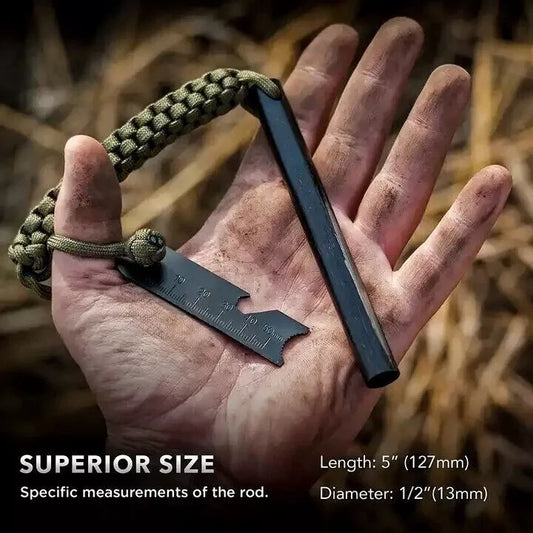 Huge 5x1/2 inch military grade ferro rod fire starter lying across hand, showing superior size