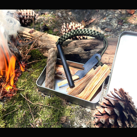 Survival kit with huge ferro rod fire starter, fatwood kit with large hemp rope in tin can kit.