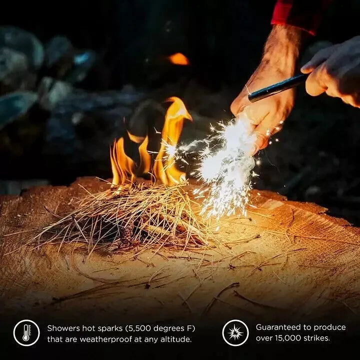Ferro rod fire starter showing sparks up to 5500°F, works in any weather, and guaranteed for over 15,000 strikes