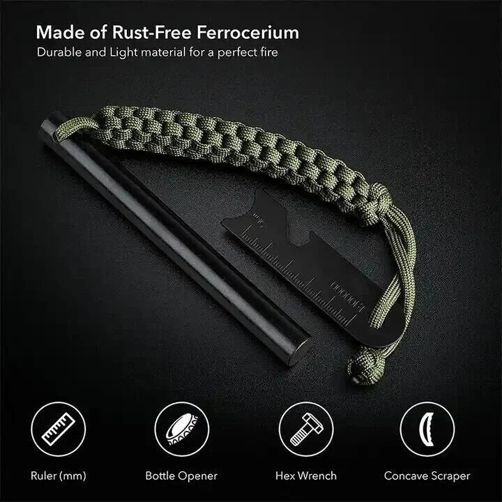 large military grade ferro rod Fire starter with paracord handle on a dark background, featuring text about material and tool functions.