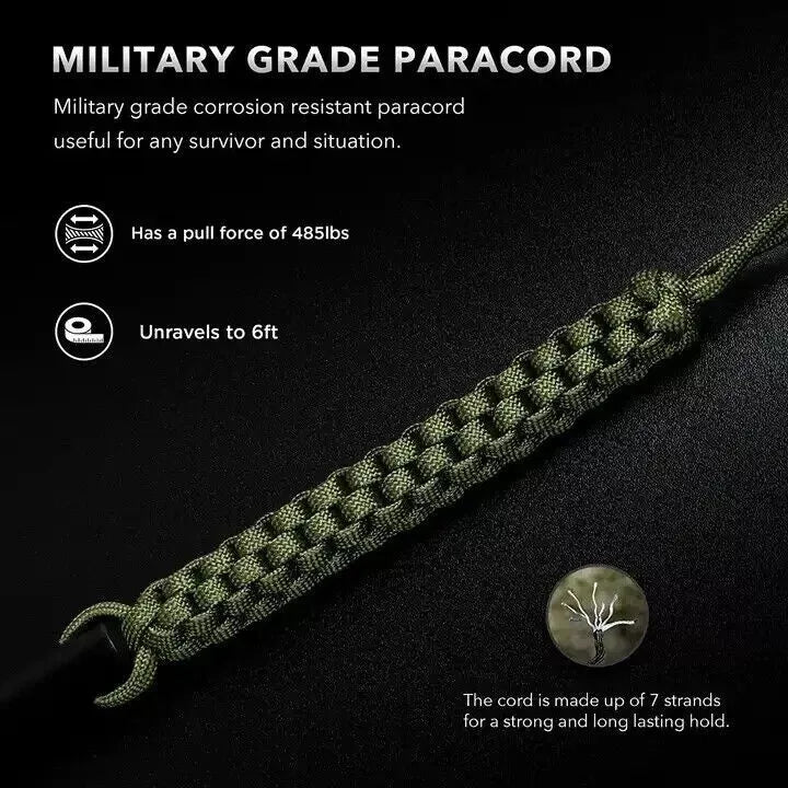 Military-grade paracord with 485 lb pull force, 7 strands, unravels to 6 ft, corrosion resistant, for survival and emergency use