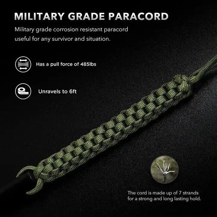 Army Green paracord on a black background with text about military grade paracord.