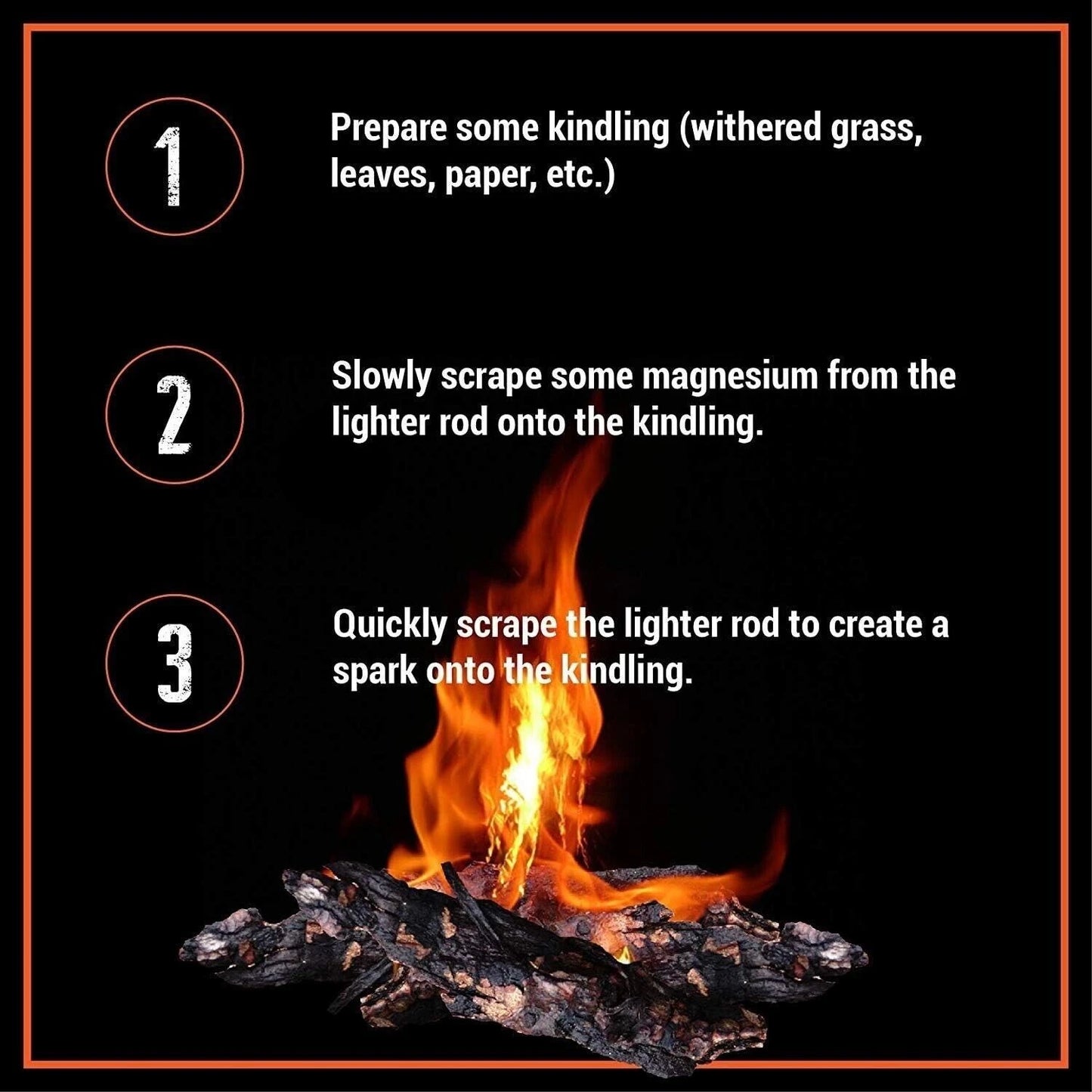 Instructions for starting a fire with kindling and ferro rod on a black background.