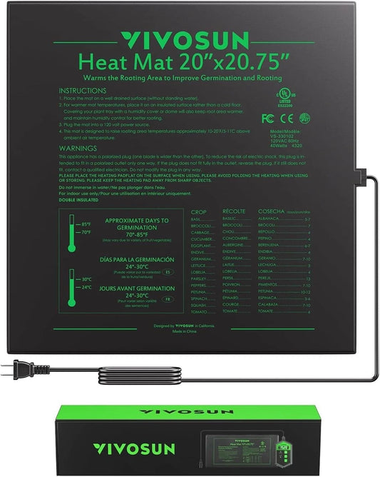VIVOSUN heat mat with power cord and packaging on a white background