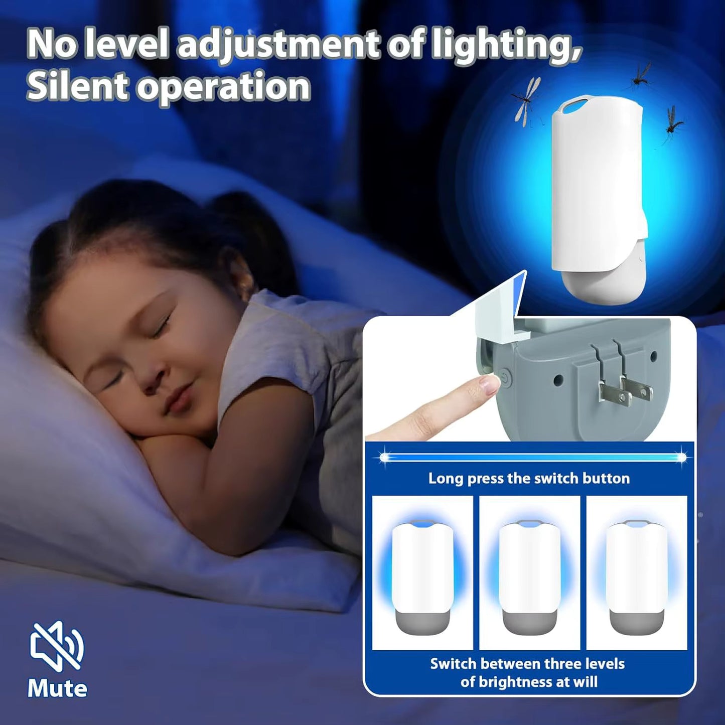 Child sleeping with a night light device and its 3 light button settings on a blue background.