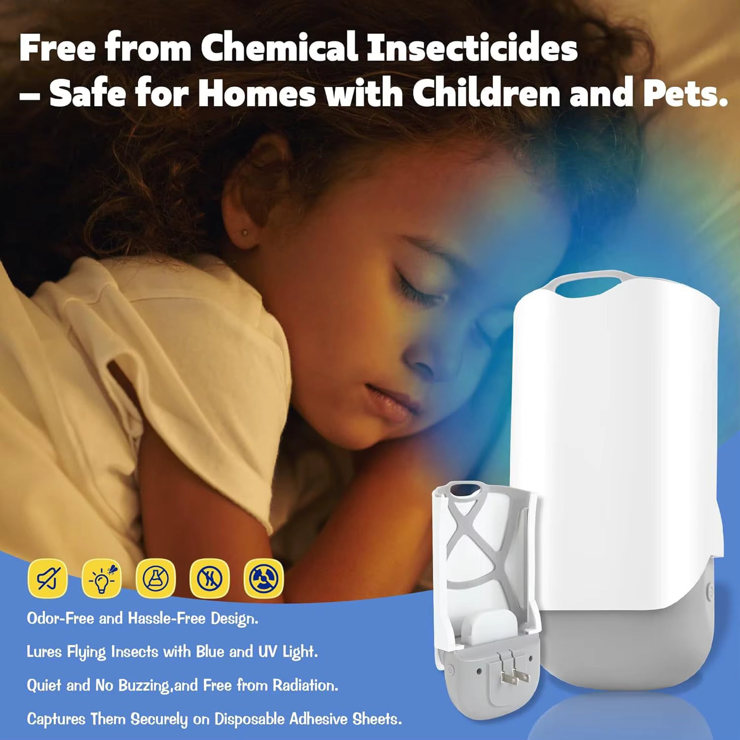 Child sleeping with a plug in fruit fly trap emitting blue light, promoting safety from chemical insecticides.
