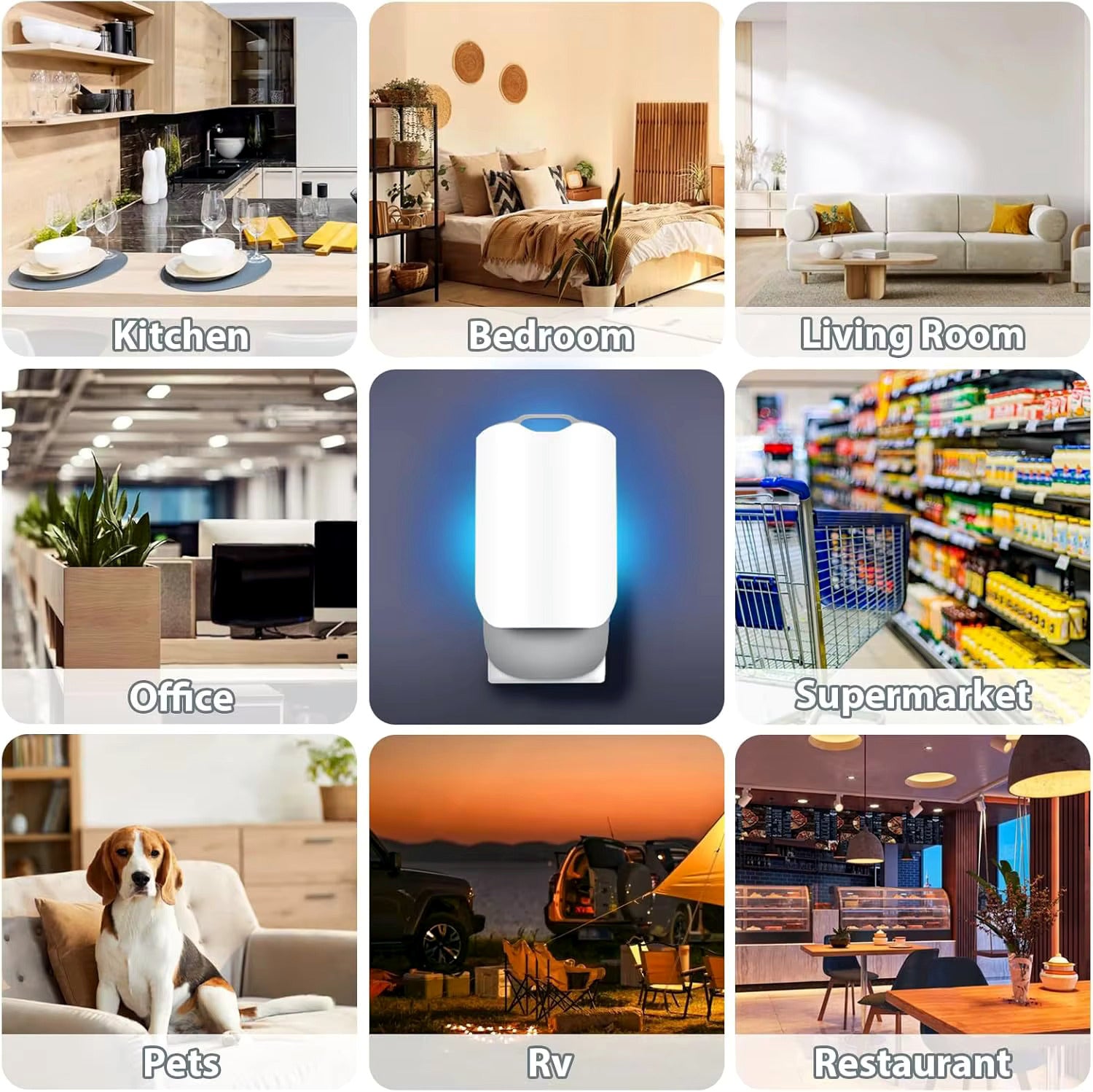 Collage of various indoor and outdoor settings to use plug-in fruit fly trap, including a kitchen, bedroom, living room, office, supermarket, pets, RV, and restaurant.