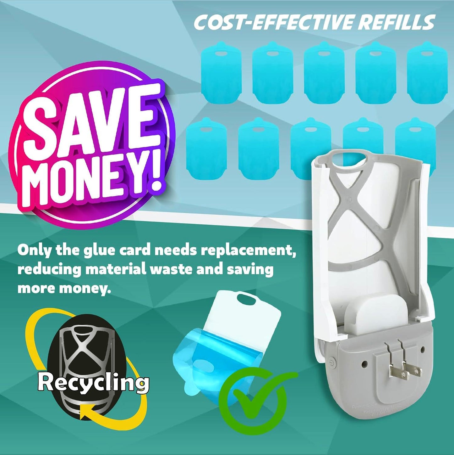 plug-in fruit fly trap replacement glue board advertisement with text about cost-effective refills, recycling, and money-saving benefits on a teal background.