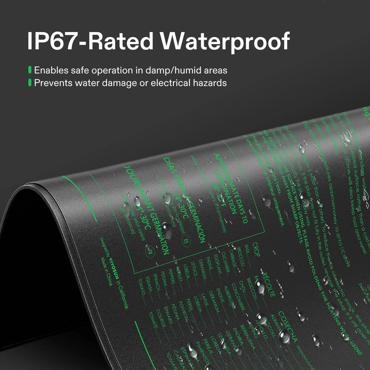 VIVOSUN IP67 waterproof seed starting heat mat with text and water droplets on a dark background