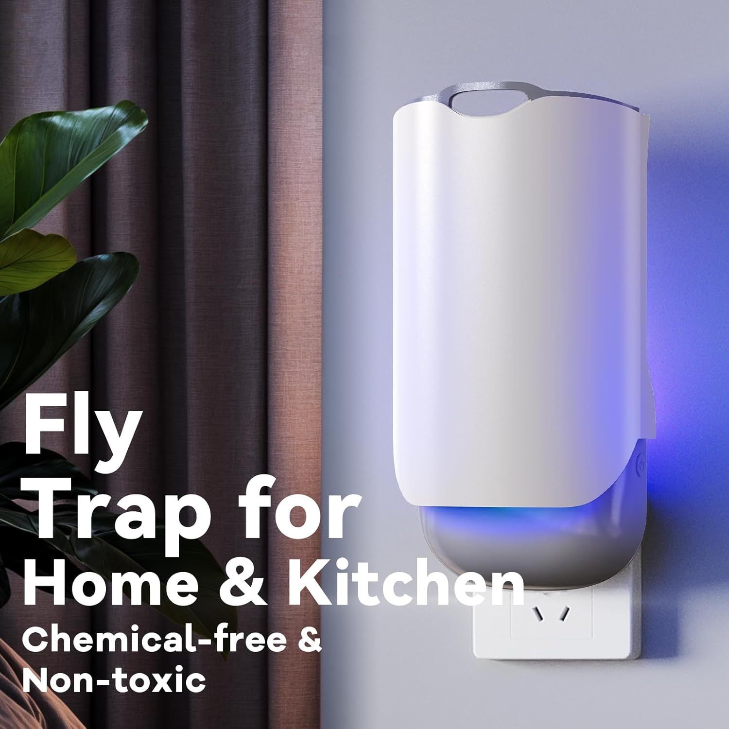 Plug-in Fruit fly trap UV light glowing blue for home and kitchen with text on a neutral background