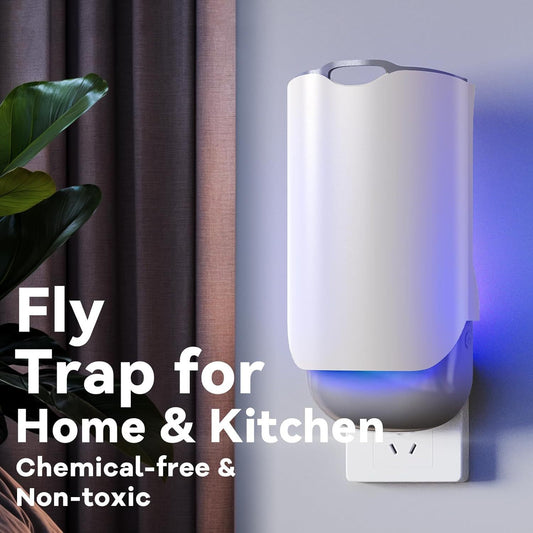 Plug-in Fruit fly trap UV light glowing blue for home and kitchen with text on a neutral background