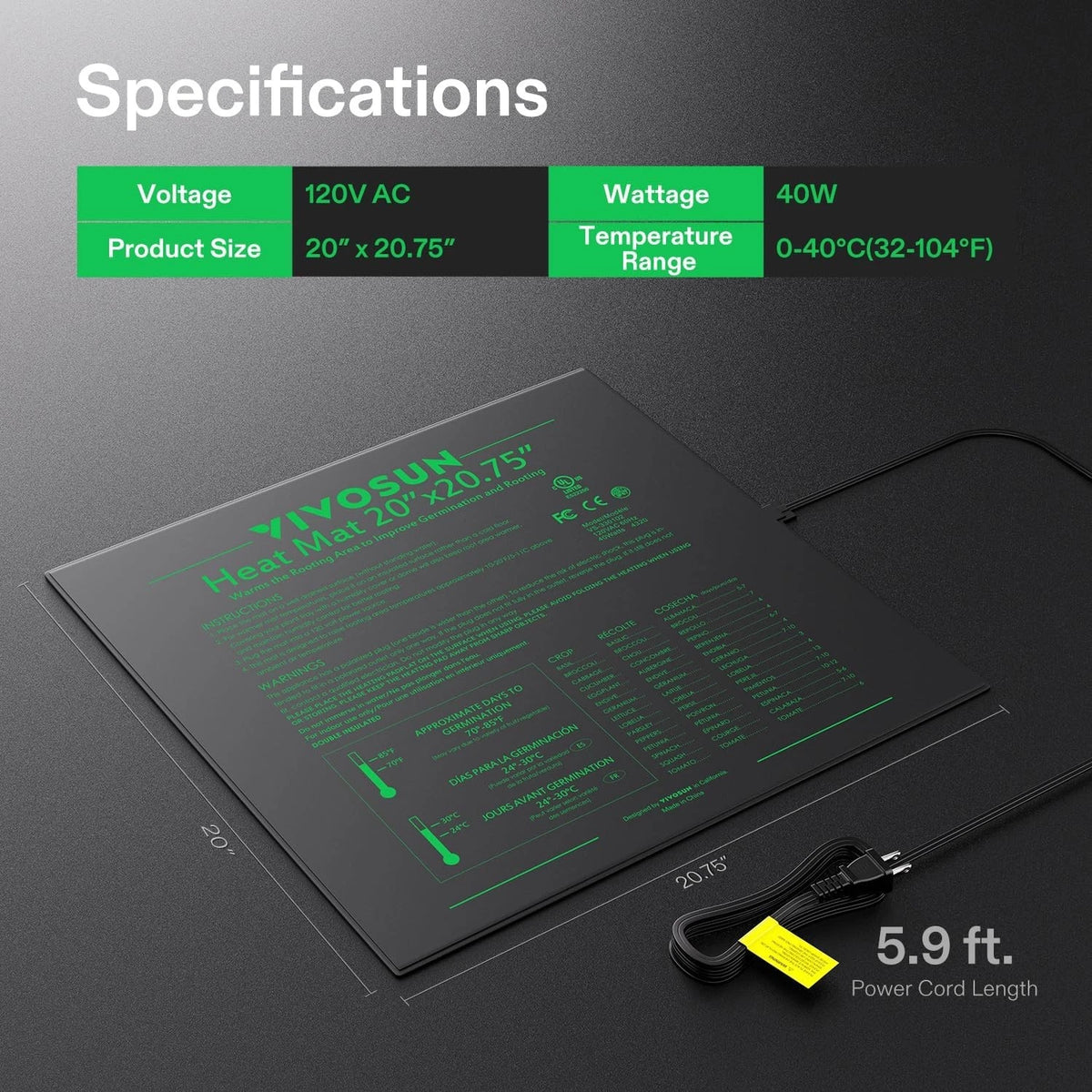 Vivosun heat mat with specifications on a dark background