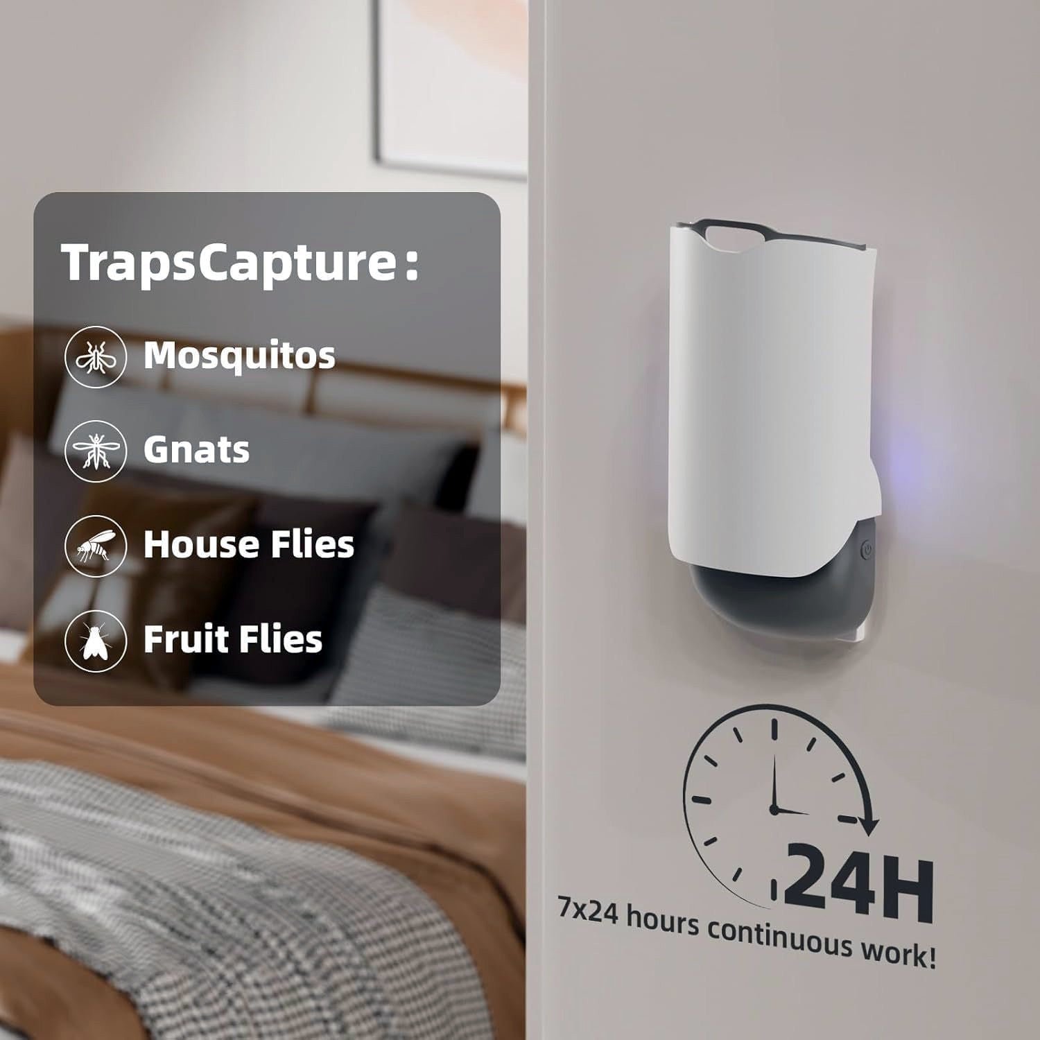 Plug in UV fruit fly trap on a wall with text indicating it traps mosquitoes, gnats, house flies, and fruit flies.