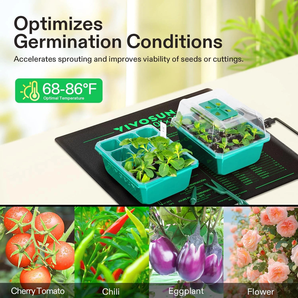 VIVOSUN heat mat under seedling tray with plants on a mat, showing vegetables and flowers with text about optimizing germination conditions.