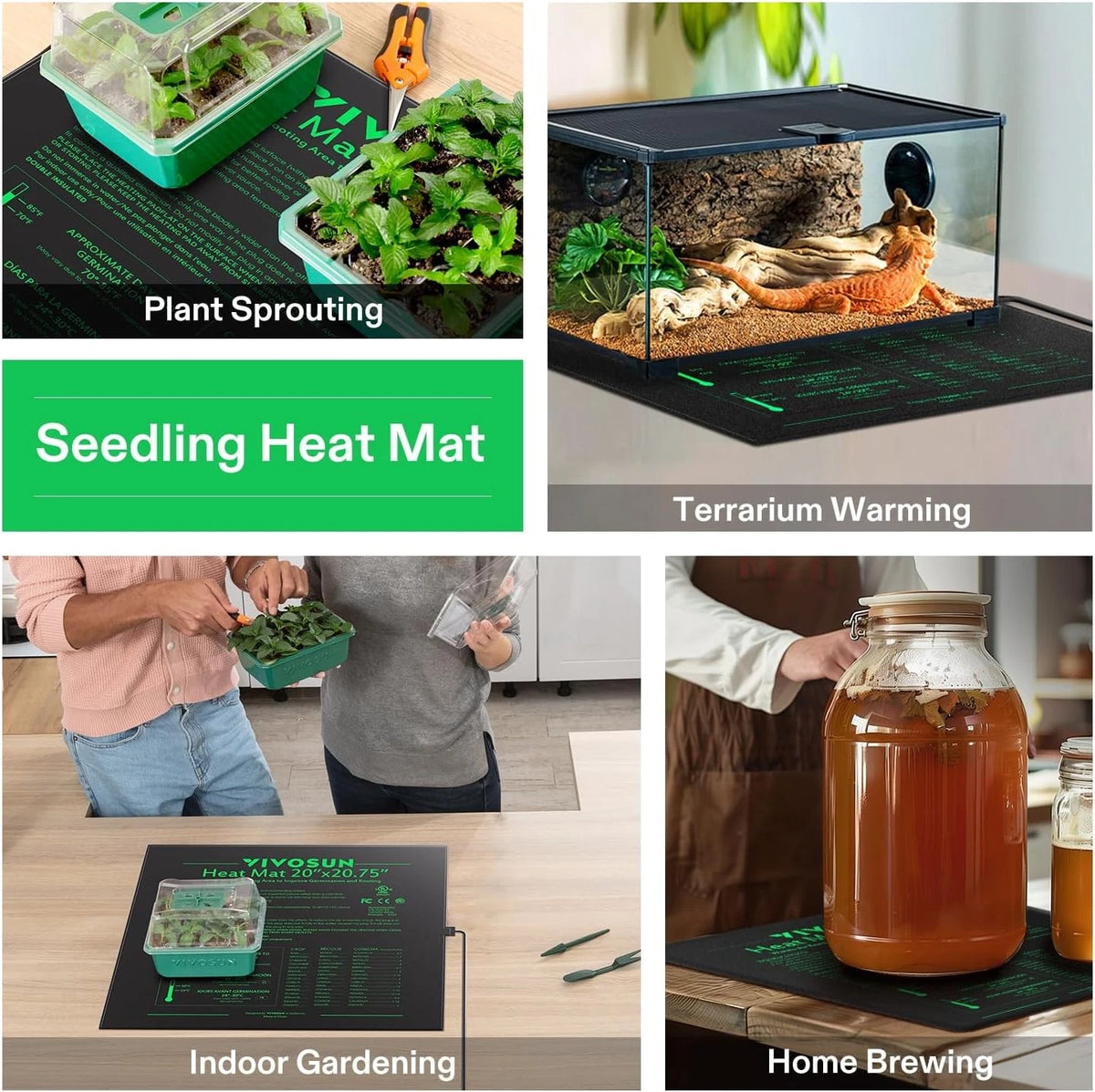 A collage showing a black seedling heat mat with green printed text and graphics in five use cases: plant sprouting, terrarium warming, indoor gardening, and home brewing. A large green banner reads 'Seedling Heat Mat'.