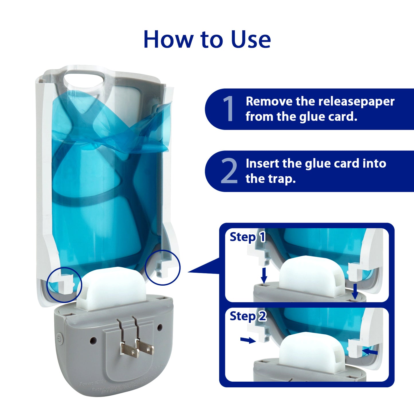 Instructions on how to use a plug-in fruit fly glue trap with text and diagram