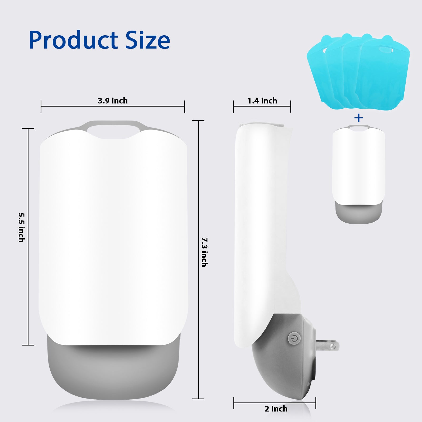 Measurement chart of a plug in fruit fly trap with dimensions labeled.
