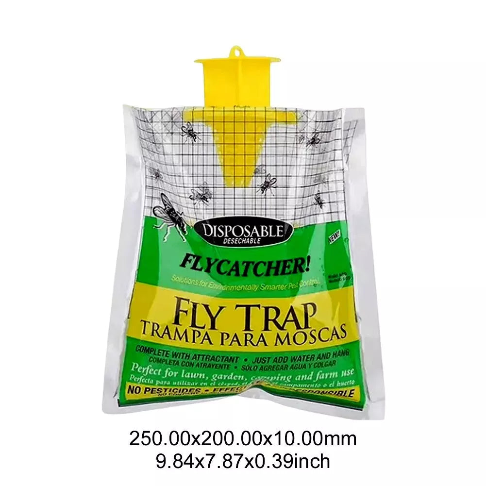 Fly trap packaging with yellow and green design on a white background