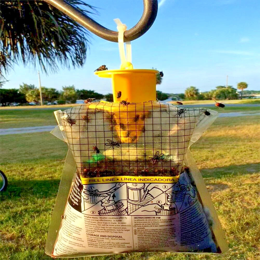 Outdoor fly trap bag filled with flies, on a grassy outdoor background.