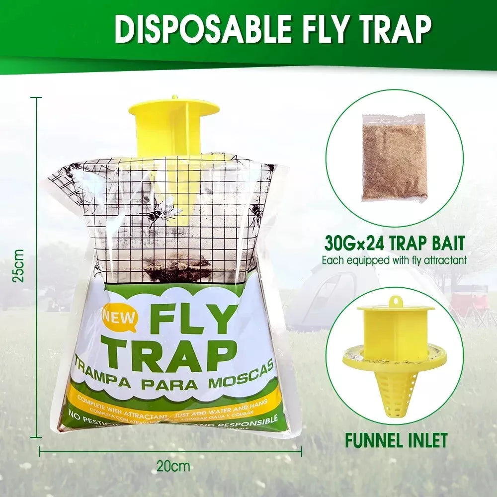 Disposable fly trap with packaging and dimensions on a green background