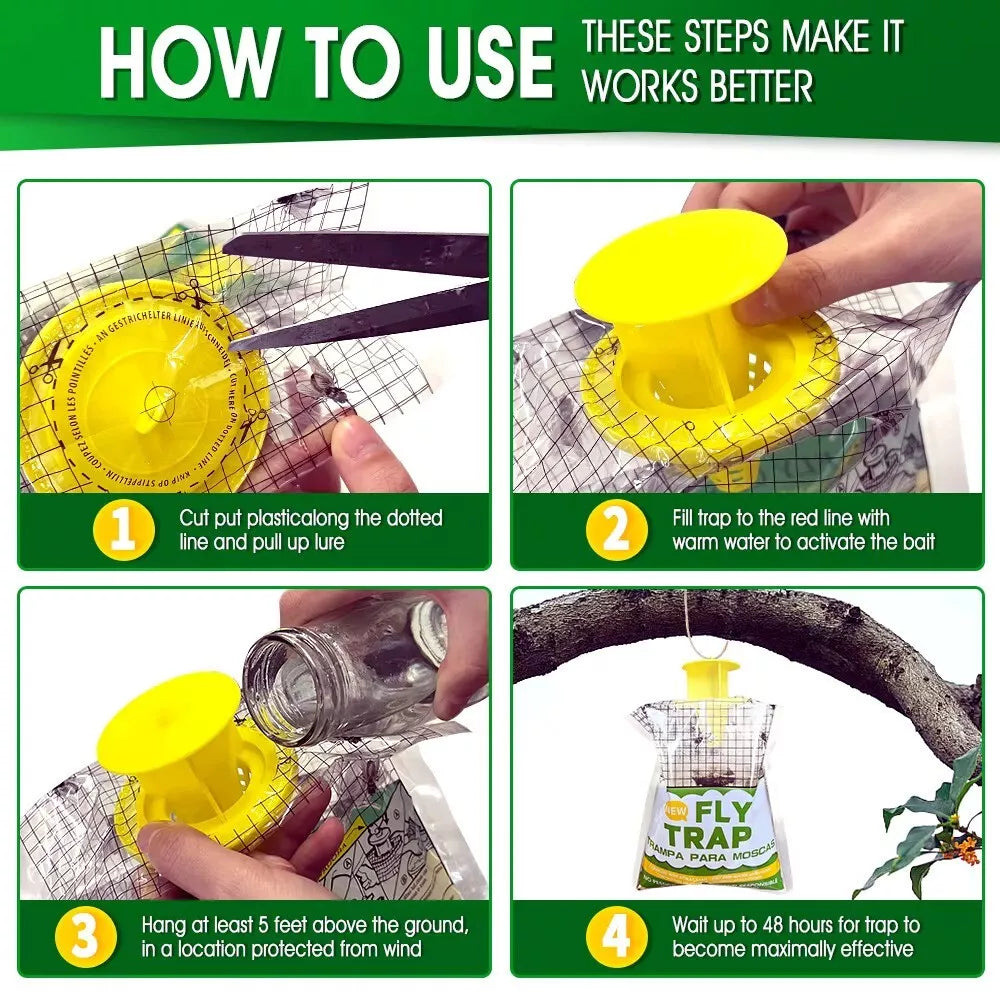 Step-by-step guide on how to use a fly trap with images and text instructions.