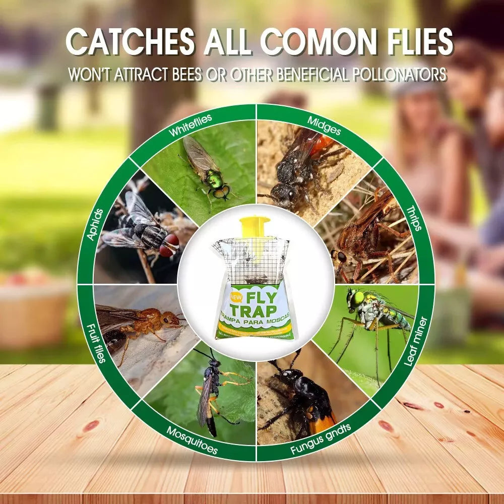 Fly trap product with images of various insects and text on a wooden surface.