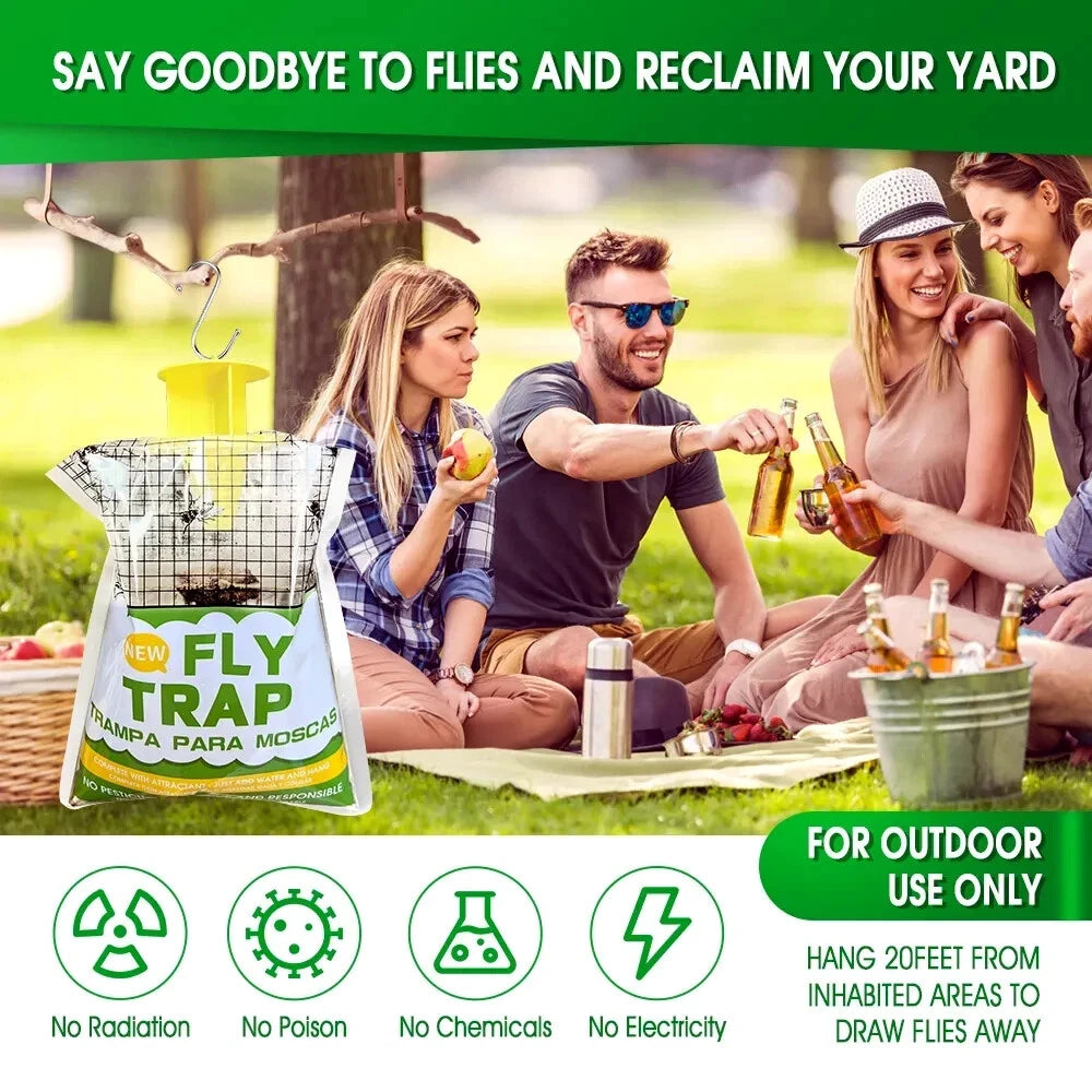 Advertisement for a fly trap with people having a picnic in the background showing it's safe, non toxic, no poison, no chemicals, no electricity