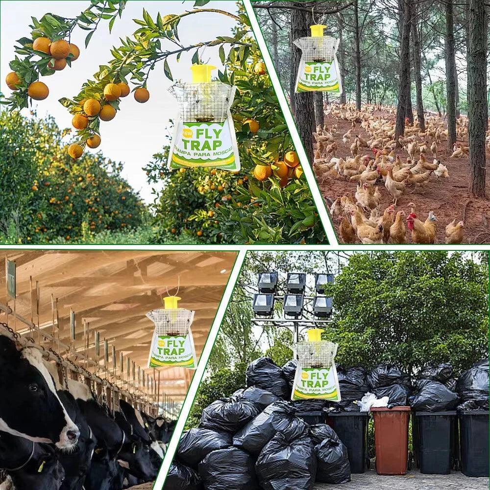 Fly trap product used in various settings including trees, farms, and around livestock.