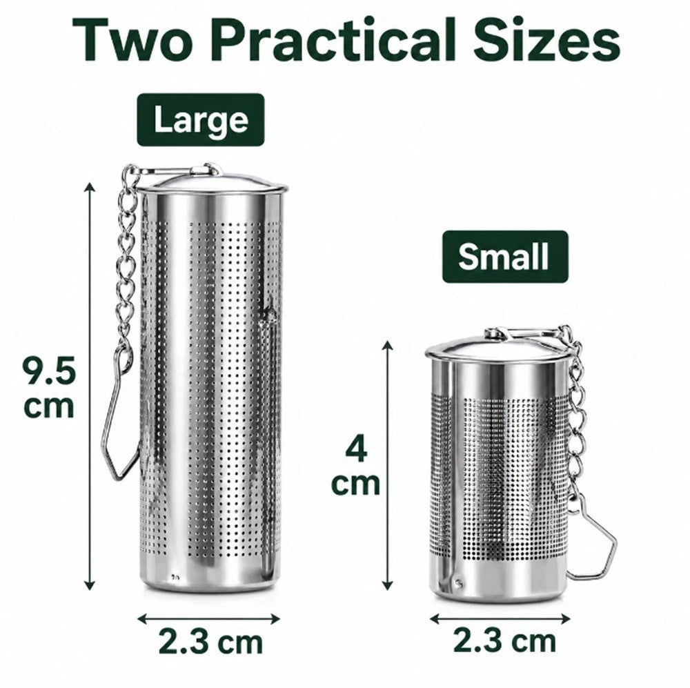 Two metal tea infusers, one large and one small, with dimensions labeled.