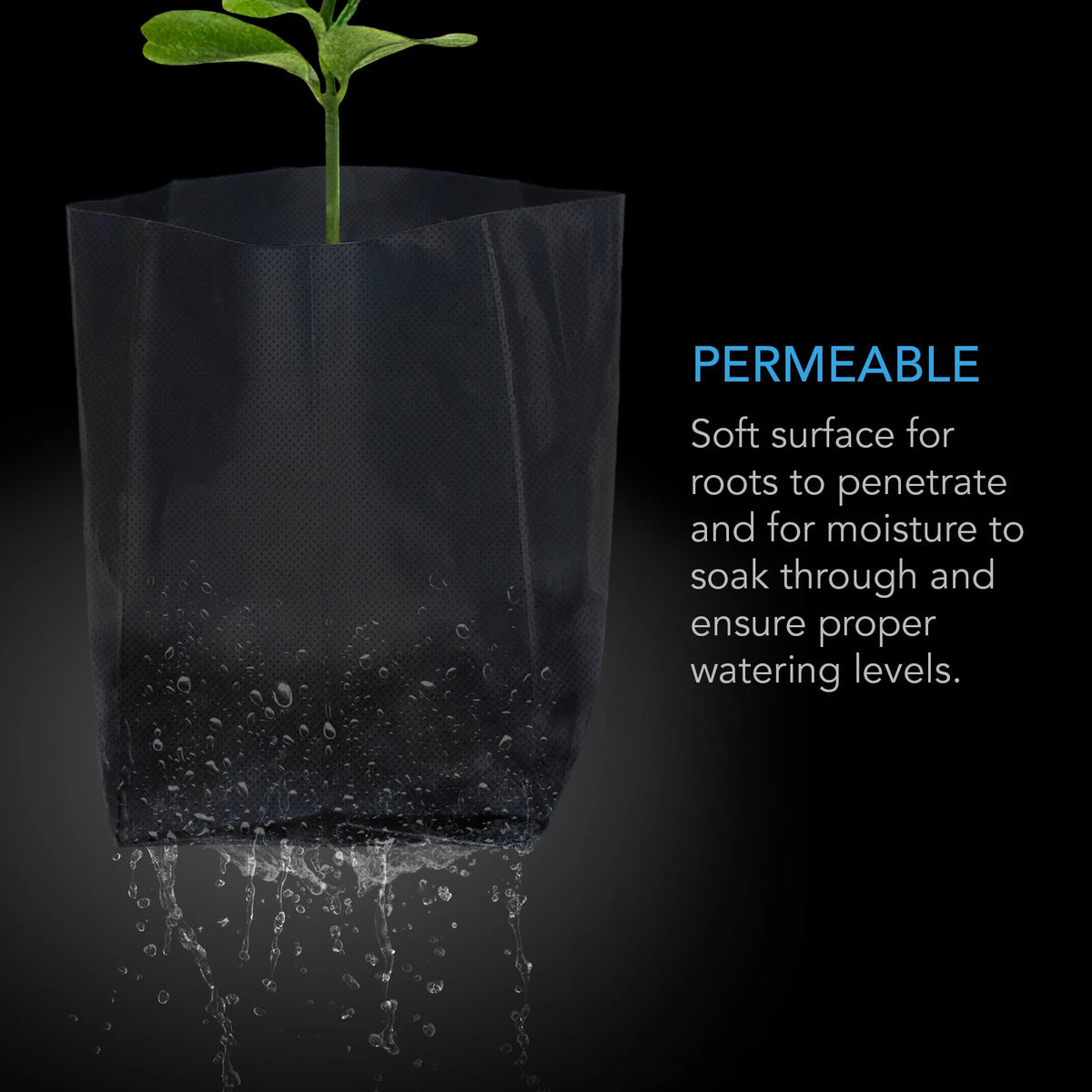 Black permeable fabric growing bag with a seedling and water dripping, on a dark background.