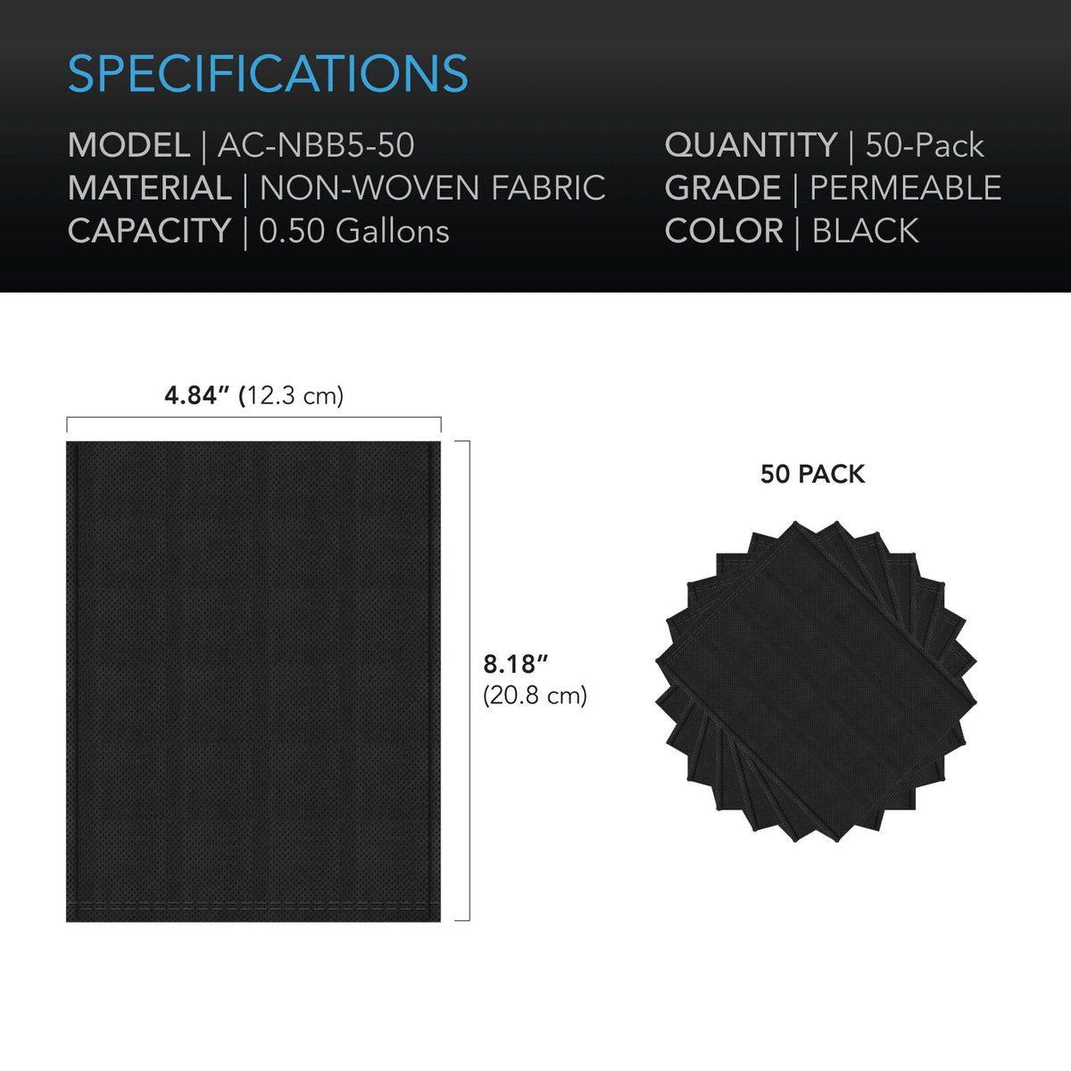Black non-woven fabric grow bag with specifications and packaging details on a white background