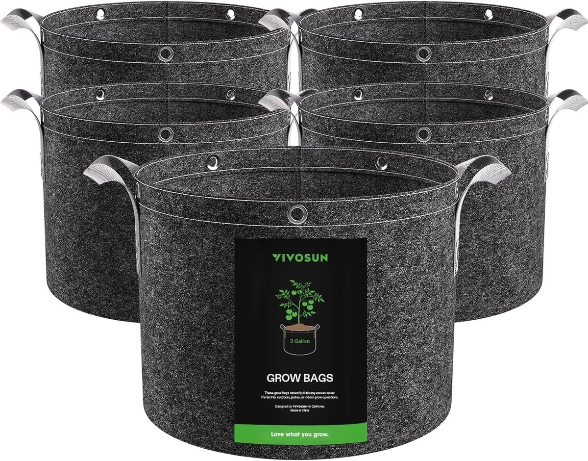 5 VIVOSUN 3 Gallon Fabric Grow Bags with Strap Handles and white background.