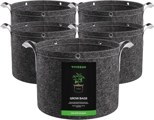 5 VIVOSUN 3 Gallon Fabric Grow Bags with Strap Handles and white background.