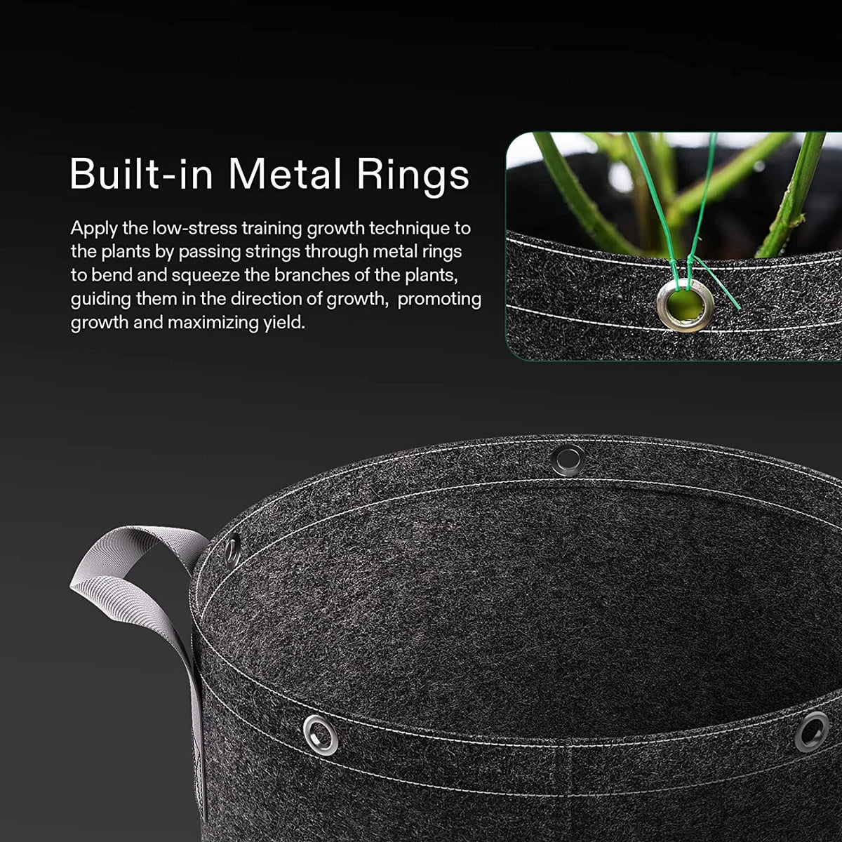 Built in Metal rings around the sides of VIVOSUN 3 gallon fabric mesh grow bag showing anchor point for tie downs.