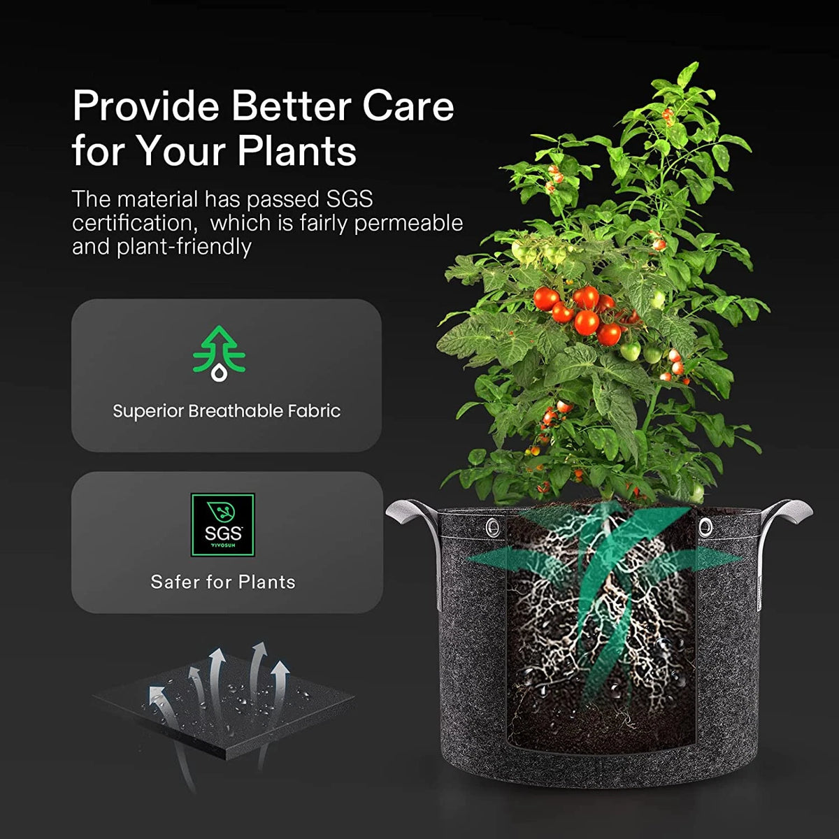 Plant with root system in VIVOSUN fabric grow bag showing superior breathable fabric that is SGS certified. 