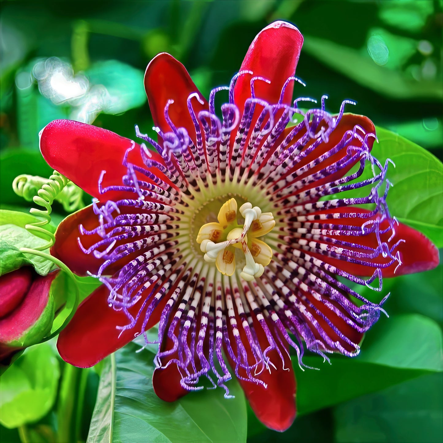 Close-up of a vibrant red and purple Giant Granadilla flower with green leaves in the background