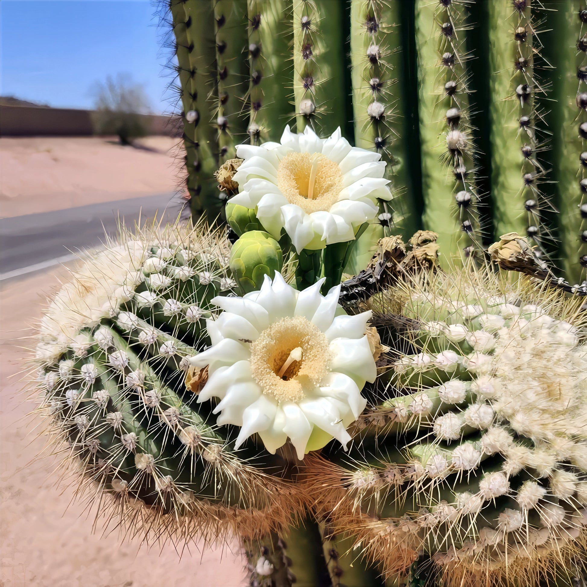 Saguaro Cactus with white flowers in a desert setting